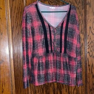 Maurices Pink and Black Plaid V-Neck Blouse